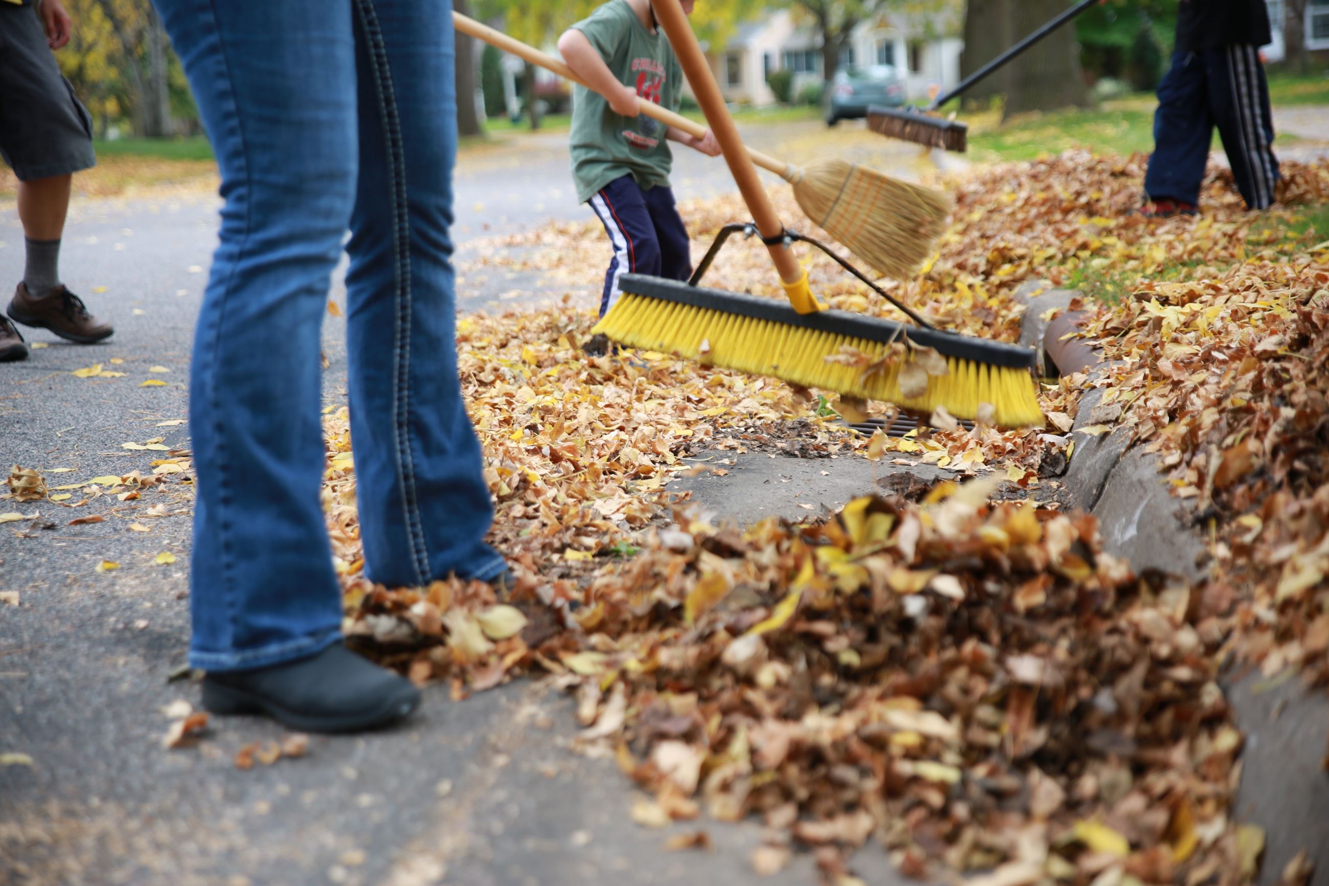 Lawn Care - Sweeping leaves from gutters