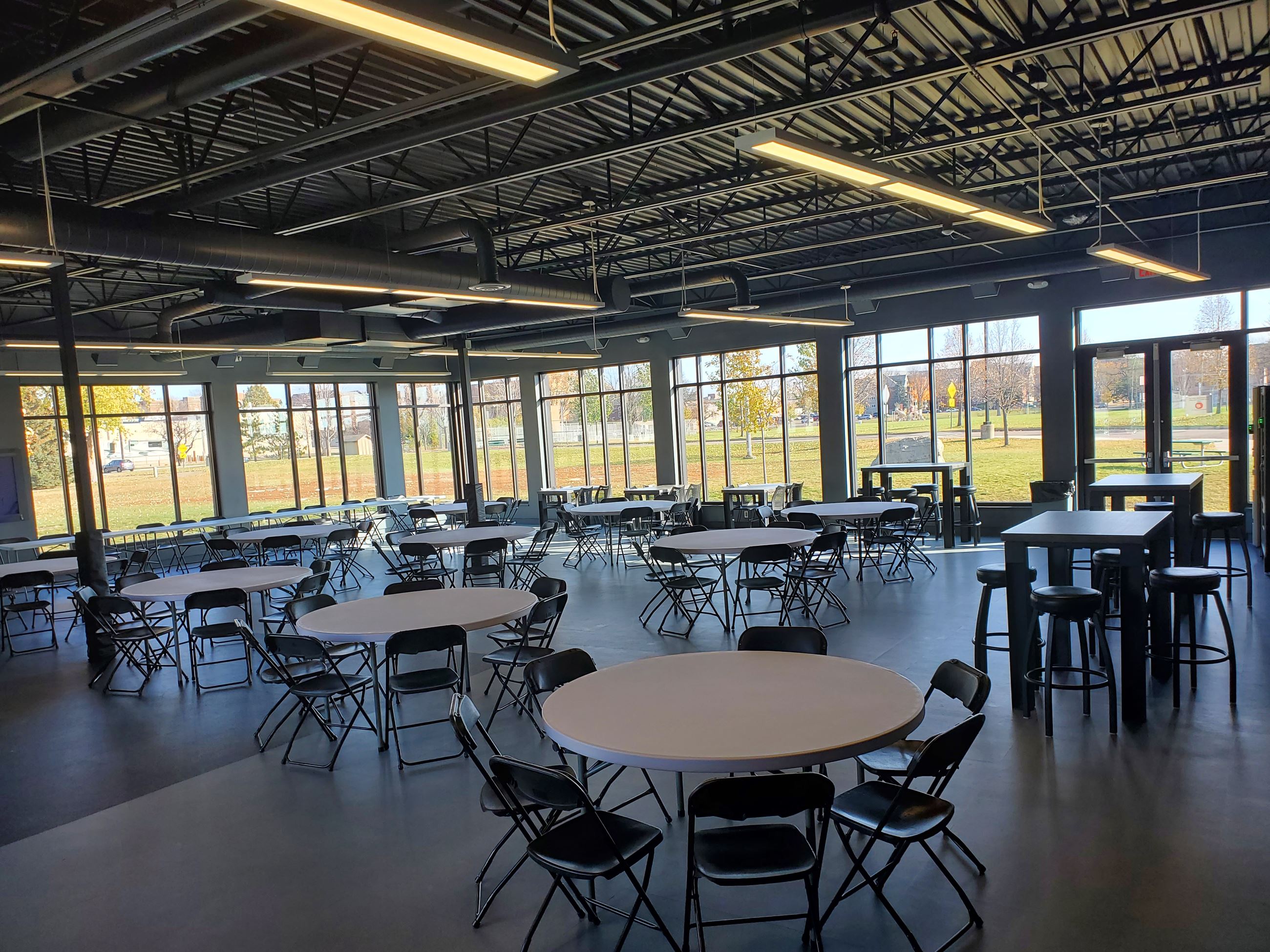 Tables and chairs set up in the Pavilion Warming House
